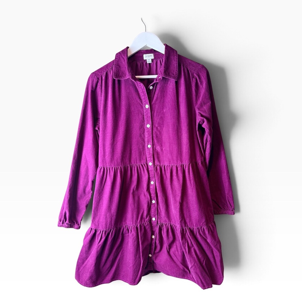 J.Crew Magenta Corduroy Tiered Mini Shirt Dress BK249 Purple Long Sleeve Size 8